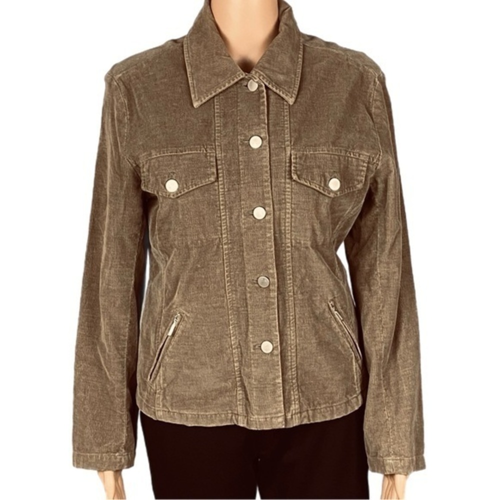 TALBOTS PETITES Army Green Khaki Brown Corduroy button Jacket Pockets Small EUC